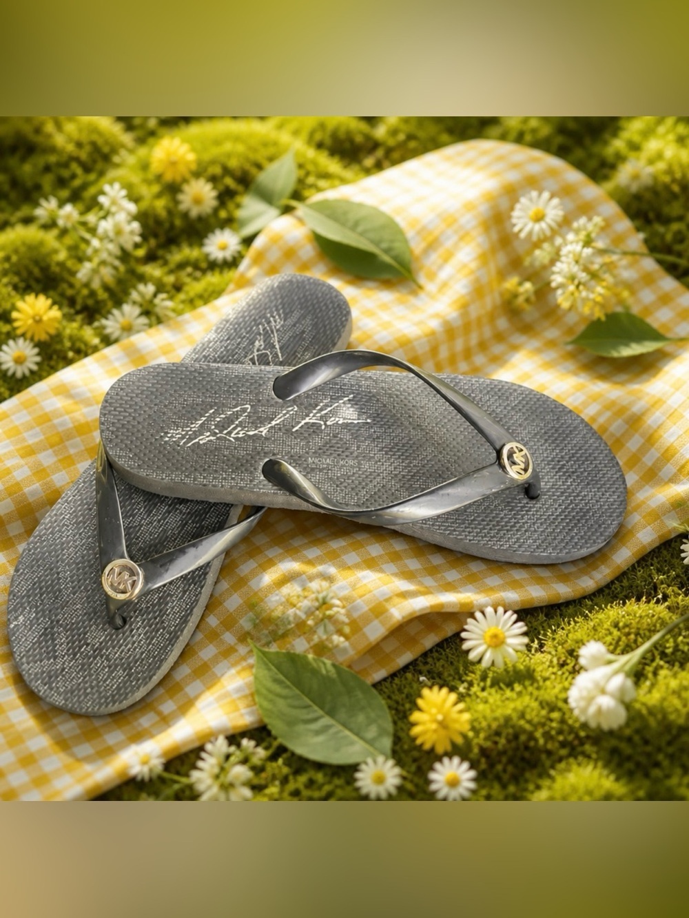 Michael Kors Gray Flip Flop Sandals with Gold Logo Accents
